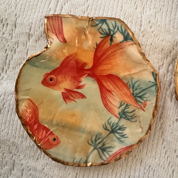 Handmade Decoupage Scallop Shell Trinket Dish Koi Gold Fish - Picture 12 of 13